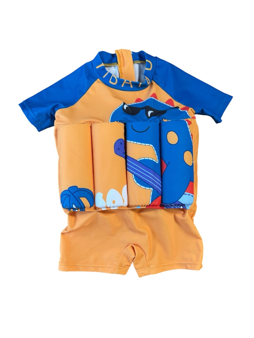 Kids Orange & Blue Swim Float Suit with Dino Graphic